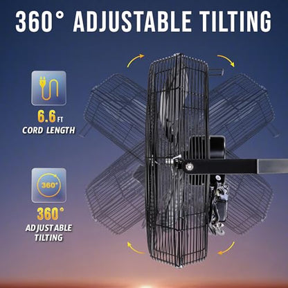 Tornado 18" Outdoor IPX4 Rated Water-Resistant Metal Industrial Wall Mount Fan, 3 Speed High Velocity Wall Fan For Commercial, Industrial, Residential Use, 4150 CFM 6.6 FT Cord 180°Tilting, Black - size: 18 Inch