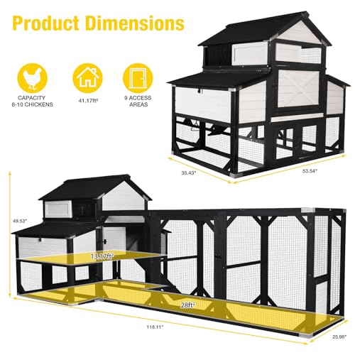 Aivituvin Chicken Coop Extra Large for 8-10 Chickens Wooden Hen House Outdoor with Wheels 41.17ft² Poultry Cage with Run, 6 Nesting Boxes (Black ＆ White) - size: Black-118.11"L x 53.54"W x 49.53"H