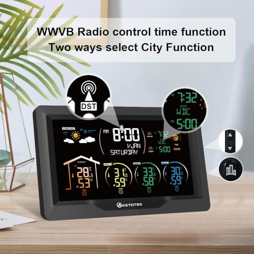 KETOTEK Wireless Radio Weather Station with 3 Outdoor Sensors Indoor Outdoor LCD Digital Thermometer Hygrometer Barometer with WWVB,Alarm Clock,Weather Forecast,Moon Phase,Sunrise and Sunset Time