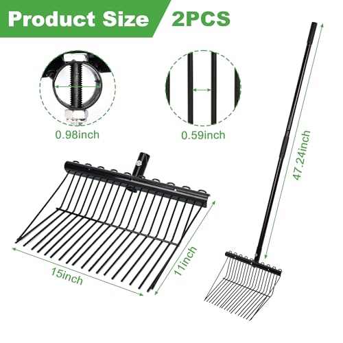 lukar 2 Sets Metal Manure Fork with Long Metal Handle, 18 Tines Manure Fork Head Horse Manure Rake, Heavy Duty Gardening Muck Rake for Picking Up Manure, Grass and Hay