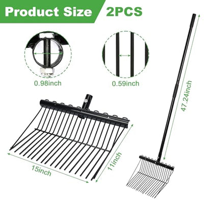 lukar 2 Sets Metal Manure Fork with Long Metal Handle, 18 Tines Manure Fork Head Horse Manure Rake, Heavy Duty Gardening Muck Rake for Picking Up Manure, Grass and Hay