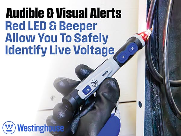 Westinghouse Dual Range Non-Contact Voltage Detector, 12V-1000V AC Pen, Flashlight and Worklight, IP67 Dust & Waterproof; Audible and Flashing Led Alarms, Pocket Clip, CAT IV Rating; 2-Year Warranty