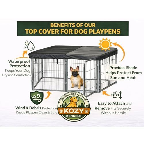 Dog Playpen w/Square Top Shade Cover - 24 inch, 8 Panel Portable Grey Metal Pet Play Pen for Small Dogs & Puppies - Indoor/Outdoor Kennel Cage for Home, Yard, RV, or Camping - size: 24 Inch