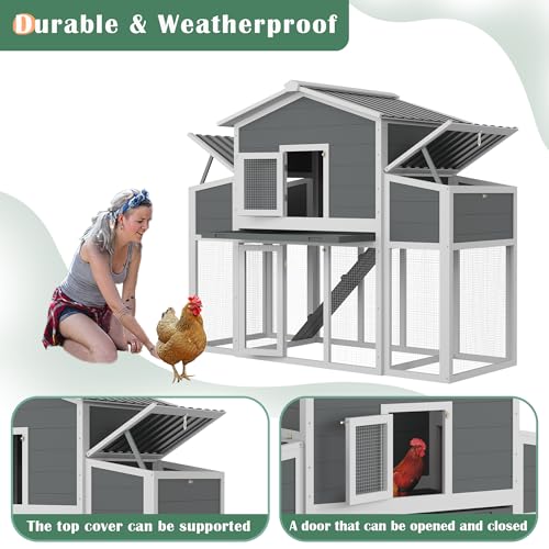 Wooden Chicken Coop for 2-6 Chickens, Outdoor Chicken House with Run & 2 Nest Boxes, Outside Hen House Poultry House Pet Hutch Chicken Cage with Waterproof Roof & Ramp, (66''LX32''WX53''H) - size: 66"L x 32"W x 53"H