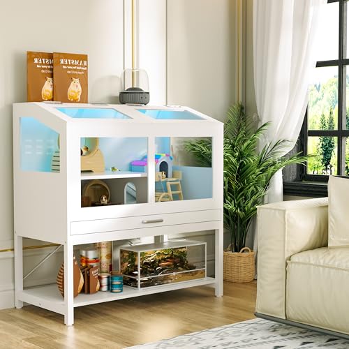 Hamster Cage with Storage Cabinet, Guinea Pig Cage for Small Animals, Large Hamster Cage and Habitat with Easy View Acrylic Panels and Pull Out Drawer for Hamster, Rabbit, Hedgehog, Easy to Clean