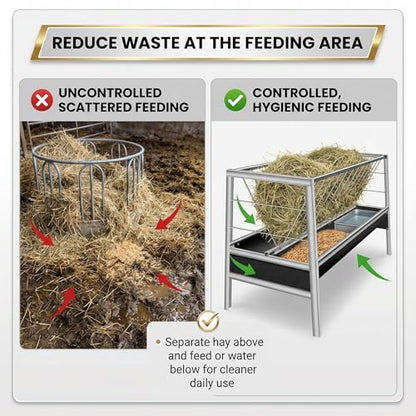 Stainless Steel Goat Feeder,2-in-1 Hay Feeder for Goats Sheep Calves Horses and Pastures, Anti-Waste Goat Feeder with Rubber Trough Livestock Feeder