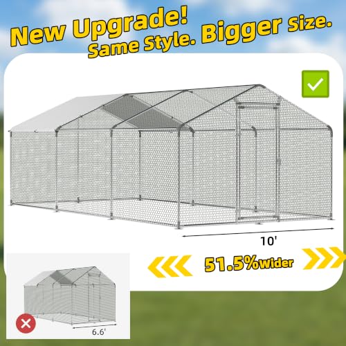 Large Metal Chicken Coop Round Top Upgrade Tri-Supporting Wire Mesh Chicken Run,Chicken Pen with Water-Resident and Anti-UV Cover,Duck Rabbit House Outdoor (Spire Roof 10’ W x 19.5’ L x 6.5’ H) - size: Spire Roof 10’ W x 19.5’ L x 6.5’ H