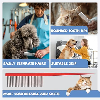 Grooming Pet Comb Rat Tail Dematting Cat and Dog Comb，Rounded Ends Design for Safe Tangle Removal, Hairstyling, Massage，Loose Hair Removal，Prevent Irritation，Fluffing Paws,Face,Tail,Remove Tear Stain - color: Red