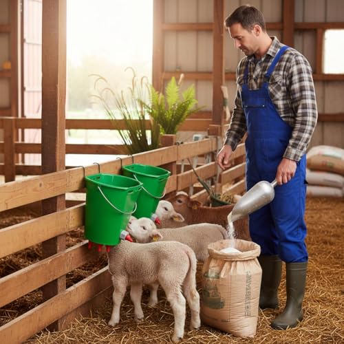 Feed Bucket,Livestock Milk Feeder Bucket 8L Large Capacity with 3 Nipple 3 Mouth Feeding Station for Lamb Calf Goat Kid Piglet Food Grade Plastic Farm Nursing Pail with Internal Scale and Handle - color: Green3