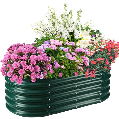 TBMLC 17" Tall Elevated Oval Metal Raised Garden Bed - 4ft x 2ft in Size and 0.8MM Thick Durable Planter Bed/Box for Vegetables Flowers Succulent at Patio/Garden Outdoor (Dark Green, 4X2X1.4 FT) - color: Dark Green, size: 4X2X1.4 FT