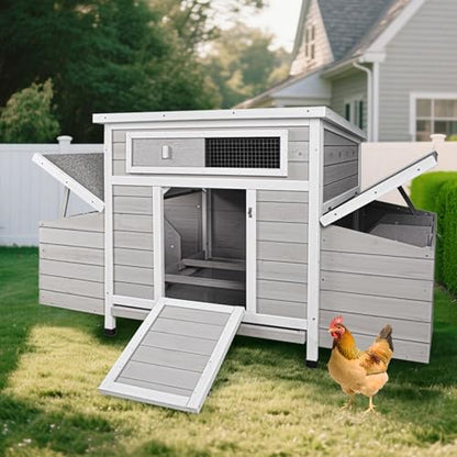 58" Chicken Coop,Outdoor Large Chicken Coop with 6 Nesting Boxes,Weatherproof Poultry Cage,Removable Tray for Farm, Backyard - color: GREY＆WHITE