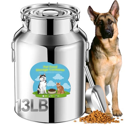 Newget 13lb Stainless Steel Dog Food Storage Container, Metal Pet Storage Container with Airtight Hangable Lid to Keep Food Fresh, Large Cat Food Storage Container with Scoop to Easily Clean - size: 13 lb