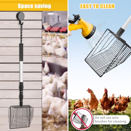Chicken Poop Scooper & Rake, 3 in 1 Chicken Coop Scoop 23" to 42" Adjustable, Durable Metal Sifting Litter Shovel, Chicken Coop Accessories for Chickens Coop, Small Farm Animals, Cat Litter