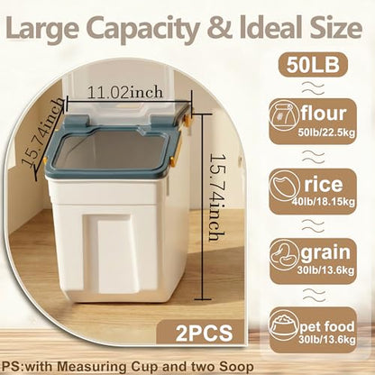 RUIAN 2Pcs Large Flour Storage Container Bin 50Lb Airtight Rice Storage Containers with Wheels Seal Locking Lid, BPA Free with Measuring Cup&Scoop for Flour, Rice, Grain 100LBS Total (Blue) - color: Blue 2Pack 50Lb