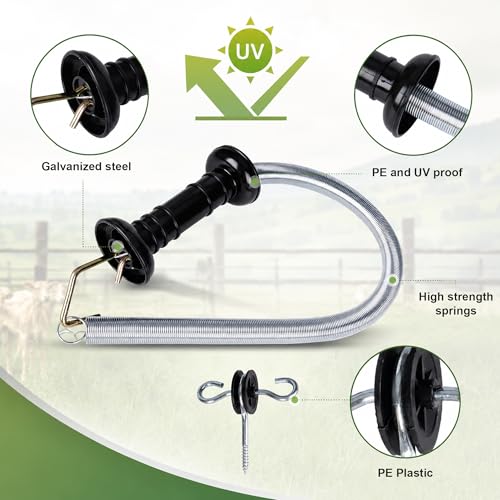 4 Set Electric Fence Spring Gate Handles Kit with Spring, 16.5 Feet Tension Spring, Handle Set with Anchors, Electric Fence Connectors