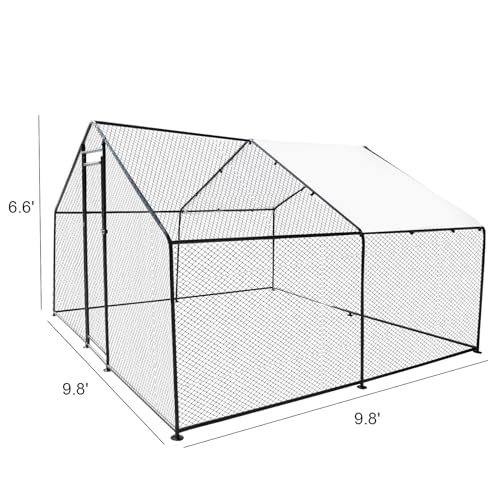 9.8'L x 9.8'W x 6.6'H Large Chicken Coop, Metal Chicken Run, Walk-in Chicken Pen Poultry Cage House with Waterproof and Anti-Ultraviolet Cover for Outdoor Backyard Farm Use - size: 9.8'L x 9.8'W x 6.6'H