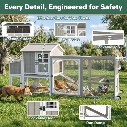187" L Extra Large Chicken Coop for 6-8 Chickens, Outdoor Hen House Chicken Tractor with 6 Nesting Box, Wooden Quail Hutch Poultry Cage Wheels and Run (Set of Two) - size: 187.0"L x 31.5"W x 45.0"H