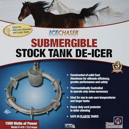 Farm Innovators Submergible Tank De-Icer, 1500W Water Deicer- Ice Chaser Cast Aluminum Design with Chew Proof Cord for Livestock Water Stock Tank
