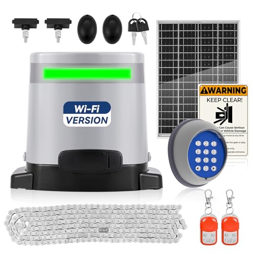 1300lbs Solar Sliding Gate Opener Chain Drive with Built-in Backup Battery, WiFi Remote Control, IR Sensor, Keypad, Automatic Gate Motor, Off-Grid Operation with Solar Panel