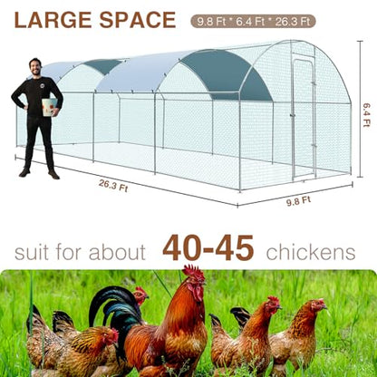 Extra Large Metal Chicken Coop for 40-45 Chickens, Portable, Walk-in Chicken Run, Chicken Pen Outdoor W/Cover, Waterproof & Anti-UV, 26.3' D x 9.8' W x 6.4' H, Wire Mesh Poultry Cage for Yard - size: 315.0"L x 118.1"W x 76.8"H, style: Dome Roof
