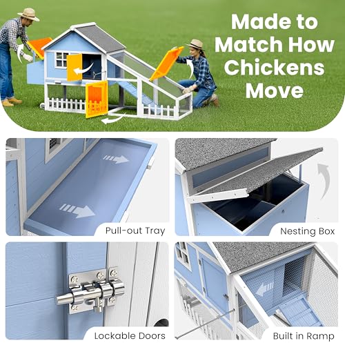 Weatherproof Wooden Chicken Coop – Indoor & Outdoor Walk-in Hen House with Run, Nesting Box, and Pull-Out Tray – Portable Backyard Poultry Cage for Easy Cleaning and Predator Protection