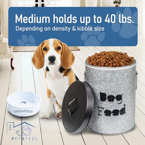 Medium Dog Up To 40lb Pet Food Storage Canister with Scoop – Durable & Airtight for Freshnesss, Minimalist Design & Recyclable, Medium Metal Container (Dog Bin - Medium Size) - size: Medium Dog 40lb
