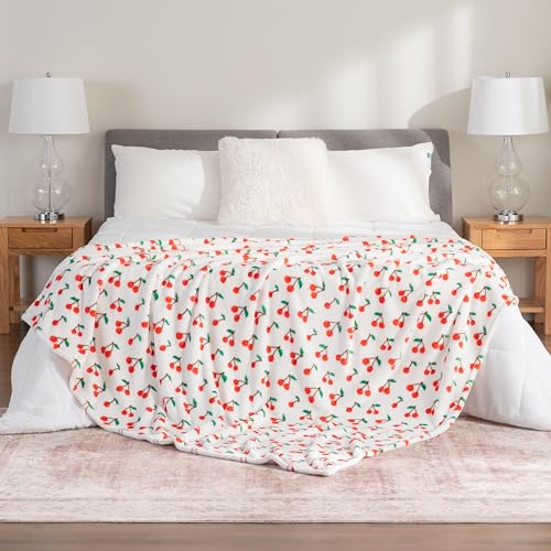Berkshire Blanket-Classic Heavyweight Soft Printed VelvetLoft® Plush Blanket, Full/Queen Size Soft Fuzzy Warm Blanket for Couch Sofa Bed, Cherries Toss White, 90in x 90in - color: Cherries Toss White, size: Full/Queen