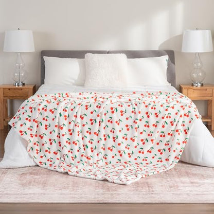 Berkshire Blanket-Classic Heavyweight Soft Printed VelvetLoft® Plush Blanket, Full/Queen Size Soft Fuzzy Warm Blanket for Couch Sofa Bed, Cherries Toss White, 90in x 90in - color: Cherries Toss White, size: Full/Queen