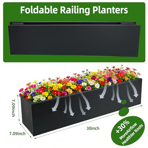2 Pack Metal Railing Planter Box, 30 Inch Balcony Planters with Adjustable Brackets, Large Hanging Planters for Outdoor Fence Deck - color: Black 2pcs