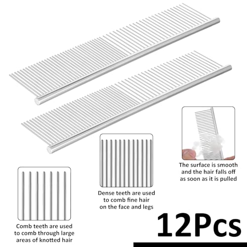 12 Pcs Stainless Steel Dog & Cat Comb, 7.48 Inch Metal Grooming Tool for Removing Knots, Long and Short Haired Pets Including Dogs, Cats & Others