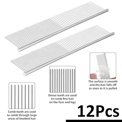 12 Pcs Stainless Steel Dog & Cat Comb, 7.48 Inch Metal Grooming Tool for Removing Knots, Long and Short Haired Pets Including Dogs, Cats & Others