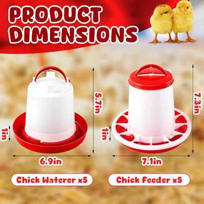 10 Pack Poultry Feeder and Drinker Sets 5 Pcs 1 L Hanging Drinkers and 2.2 lb Feeders for Chicks, Ducks, Geese, Turkeys, Coop & Brooder Use, Easy-Fill Design