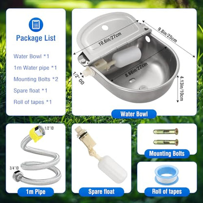 Automatic Livestock Water Bowl Float Valve Self-Filling Dog Goat Chicken | 304 Stainless Steel Animal Waterer Auto Refill, Horse Pig Cow Sheep Cat, Drainage, 3/4" GHT Hose & Mounting Bolts, Farm Ranch