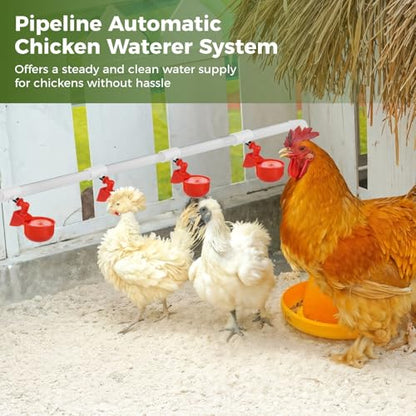 8 Cup Pipeline Automatic Chicken Waterer System, Complete PVC Pipelines Set, Auto Pipe Feeder Poultry Watering Kit with Float Valve, T Connectors