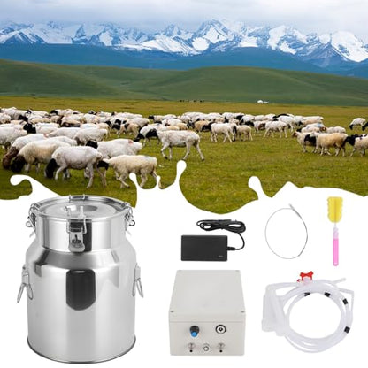 Automatic Pulsating Goat Milking Machine, 5L Stainless Steel Bucket, Food-Grade Silicone Cups Tubes, 110V-240V Portable Adjustable Suction Milker for Farm Home Use - size: 5L/1.32GAL