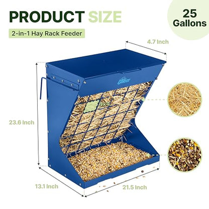 Wall Mount Hay Rack And Hay Feeder For Goats Sheep And Horses, Covered Galvanized Steel Goat Hay Feeder With Hinged Roof, 25 Gallon 2-In-1 No Waste Hanging Holder Grain Bin with hook For Cattle - color: Blue
