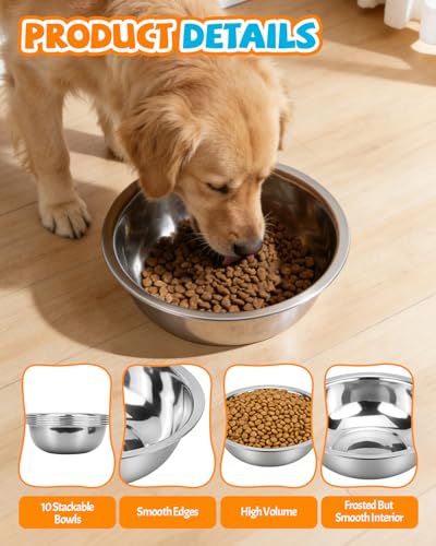 10 PCS Stainless Steel Dog Bowls - 86 Oz/10.75 Cup Large Dog Bowl Set, Metal Bowls for Food and Water, Large Pet Water Bowl or Food Bowl for Indoors or Outdoors, Dishwasher Safe