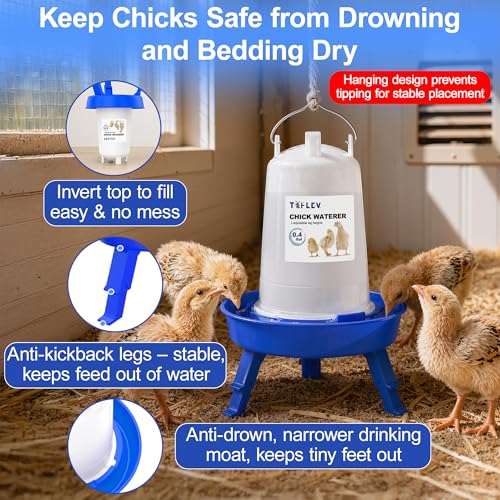 Baby Chick Feeder and Waterer Set with Adjustable Height, Anti-Drown Poultry Waterer for Raising Chicks in Brooder (0.3 Gal Chick Feeder & 0.4 Gal Chick Waterer, Blue)