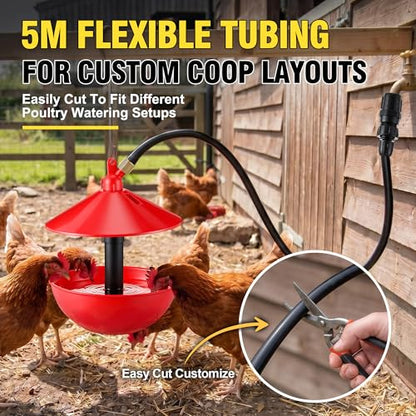 Automatic Poultry Waterer System with 5M Tubing, Hanging Chicken Waterer Bowl with 25 PSI Pressure Regulator, Brass Barb Connector & 3/4" GHT Adapter for Chickens, Ducks, Turkeys and Game Birds