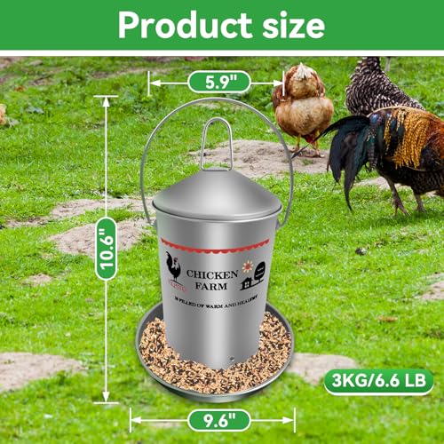 6.6 Lb Stainless Steel Poultry Feeder, Automatic Chicken Feeder No Waste, Hanging Chicken Feeder Heavy Duty Reliable Long-Lasting with Handle, Top Filled - size: 3KG/6.6 LB