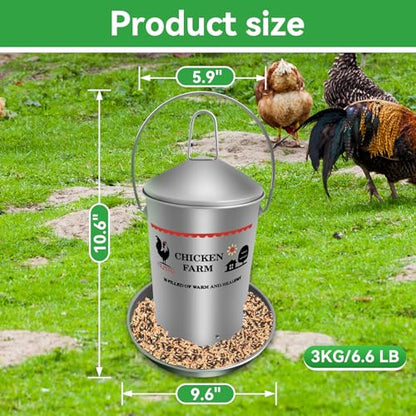 6.6 Lb Stainless Steel Poultry Feeder, Automatic Chicken Feeder No Waste, Hanging Chicken Feeder Heavy Duty Reliable Long-Lasting with Handle, Top Filled - size: 3KG/6.6 LB