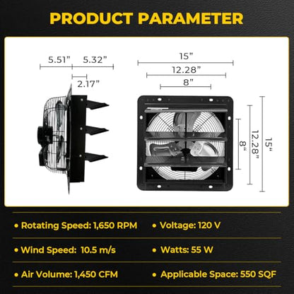 VENTISOL 12'' Exhaust Fan, Wall Mounted Attic Fan with Variable Speed Controller, 1450 CFM, Automatic Shutter, Ventilation and Cooling, Vent Fan for Garages, Shops, Greenhouse, Black - style: 12" with Speed Controller