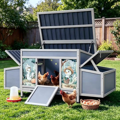 COZIWOW Chicken Coop with Nesting Boxes, 59'' Large Outdoor Poultry Hutch with 2 Perches, Weatherproof Wooden Hen House with Pull-Out Tray, Chicken Cage for Ducks & Rabbits, Gray