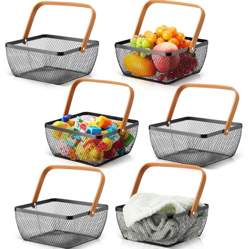 6 Pcs Metal Mesh Steel Basket with Handle Small Shopping Baskets Square Wire Harvest Storage for Kitchen Storage Garden Picnic Bathroom Organizing, 8.46 x 8.46 x 4.13 Inch(Black) - color: Black