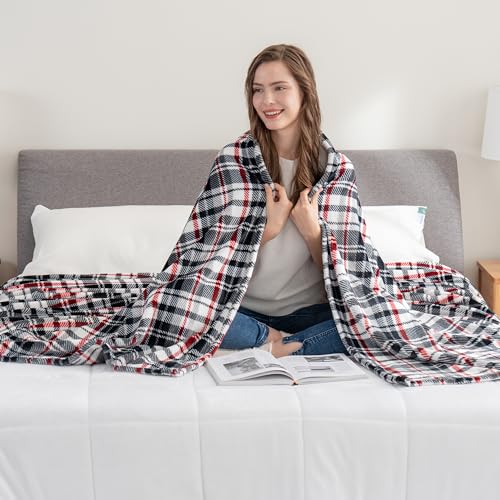Berkshire Blanket-Classic Heavyweight Warm Soft Printed VelvetLoft® Plush Blanket, King Size Soft Fuzzy Blanket for Couch Sofa Bed, Plaid Black Red, 90in x 108in - color: Plaid Black Red, size: King/Cal King