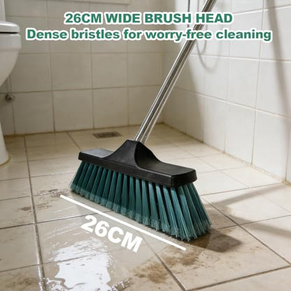 Small Floor Scrub Brush with 4-Section Stainless Steel Handle, 52" Adjustable Long Handle, 5-Row Dense Flagged Bristles, for Tile, Bathroom, Patio, Indoor & Outdoor Cleaning (Black+Green)