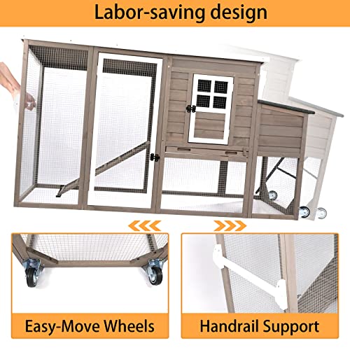 PetsCosset 75" Wooden Chicken Coop with Run and Wheels for 1–4 Chickens, Backyard Hen House with Nesting Box, Removable Tray, Ramp & Weather-Resistant Roof, Grey - color: Chicken Coop large-Grey, size: 75.0"L x 26.0"W x 39.0"H