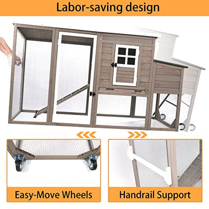 PetsCosset 75" Wooden Chicken Coop with Run and Wheels for 1–4 Chickens, Backyard Hen House with Nesting Box, Removable Tray, Ramp & Weather-Resistant Roof, Grey - color: Chicken Coop large-Grey, size: 75.0"L x 26.0"W x 39.0"H
