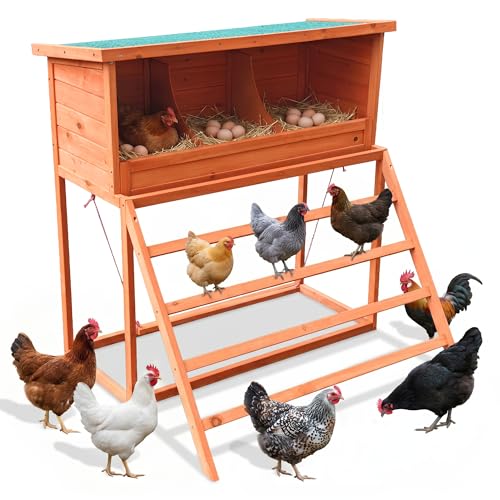 Wooden Chicken Nesting Box with 3 Compartments, 3-in-1 Chicken Coop Box with Swing Ladder & Perch, Asphalt Roof Laying Box for Hens, Ducks & Poultry