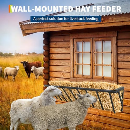 63" Wall Mount Hay Rack Feeder, 16 Gallon Large Capacity Heavy Duty Carbon Steel Livestock Hay Feeder for Horses, Goats, Sheep, Indoor/Outdoor Use, Rust Resistant & Easy Install - size: 63 inch